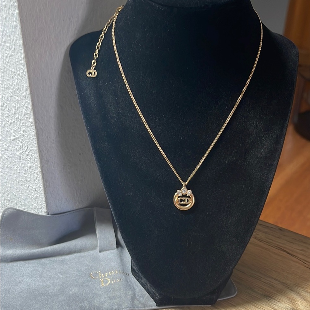 Christian Dior Gold Necklace with Pendant & Dior Dust Bag